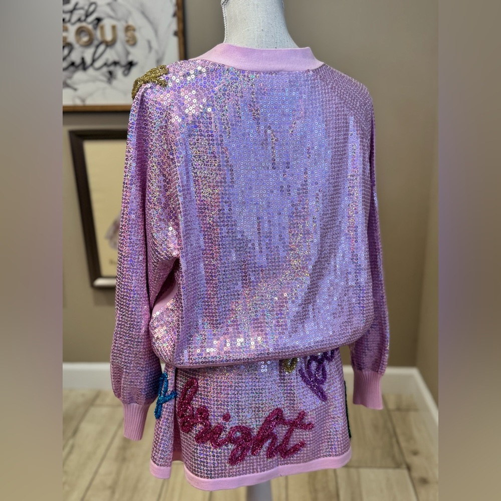 New! QUEEN OF SPARKLES Set! Pink Sequin Holiday Words Cardigan & Skirt Set - Picture 10 of 14